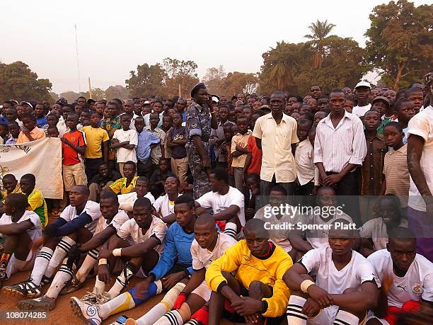 Players and fans attend a ceremony at the conclusion of a soccer match called the Referendum Cup in celebration of the conclusion of the referendum...