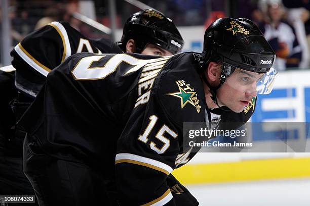 Jamie Langenbrunner of the Dallas Stars focuses against the Atlanta Thrashers at the American Airlines Center on January 15, 2011 in Dallas, Texas.