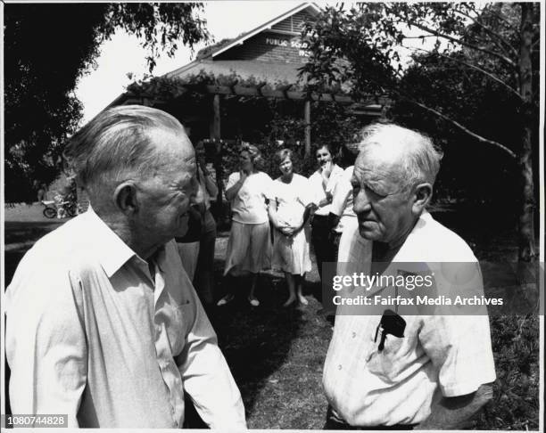 Rhodes Public School - to be sold by State Govn.Two first day students Arthur Wailes and Vic McIlwaine, 72 in front of the school. October 6, 1988. .