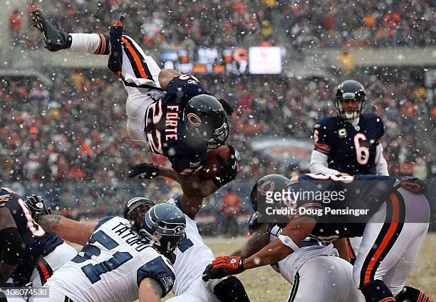 Running back Matt Forte of the Chicago Bears attempts to jump into the endzone but is stopped short in the second quarter against the Seattle...