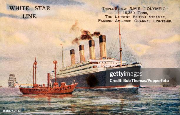 Vintage postcard featuring RMS Olympic of the Cunard White Star Line, the largest British steamer, passing the Ambrose Channel Lightship, circa 1910.