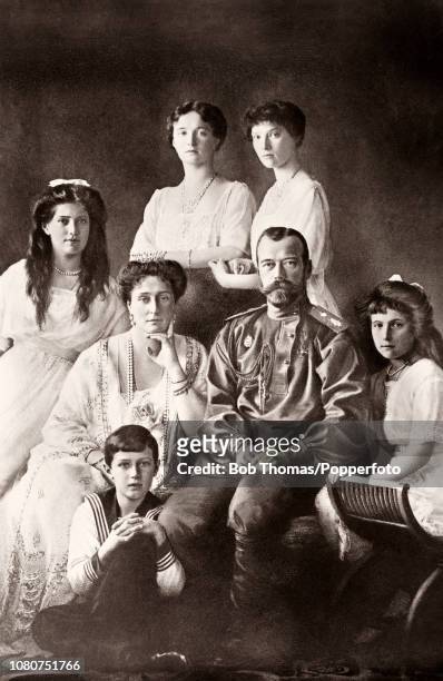 The Czar and Czarina of Russia and their family, left to right; Grand Duchess Marie, Czarina Alexandra, Czarevich Alexei, Grand Duchess Olga, Czar...