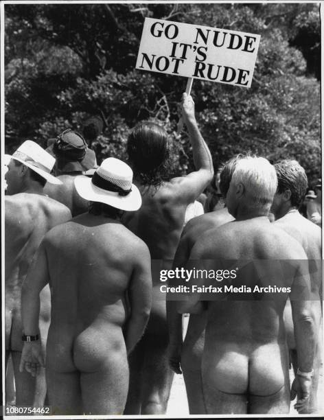 Reef Beach Protest.Protesting Nudists The Bare facts: Nudists state their case at Reef Beach.Outspoken state MP Richard Jones and 50 other people...