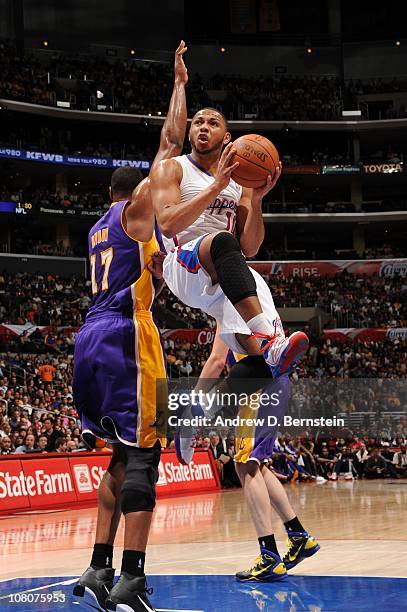 Eric Gordon of the Los Angeles Clippers looks to make a play during a game against the Los Angeles Lakers at Staples Center on January 16, 2011 in...