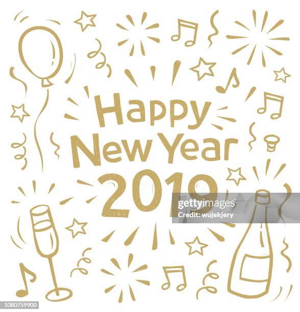 ilustraciones, imágenes clip art, dibujos animados e iconos de stock de doodle de tarjeta de año nuevo 2019 - champagne cork