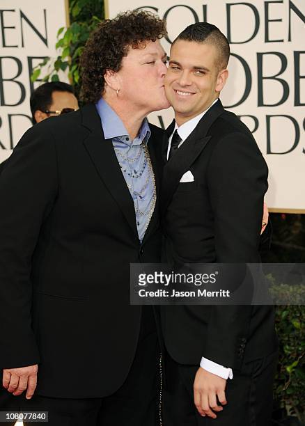 Actress Dot Jones and actor Mark Salling arrive at the 68th Annual Golden Globe Awards held at The Beverly Hilton hotel on January 16, 2011 in...