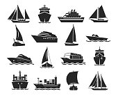 Ship and marine boat black silhouette set