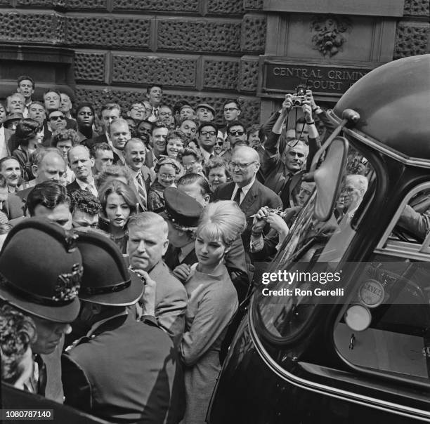 British models and showgirls Mandy Rice-Davies in front, and Christine Keeler behind, currently involved in the Stephen Ward court case and Profumo...