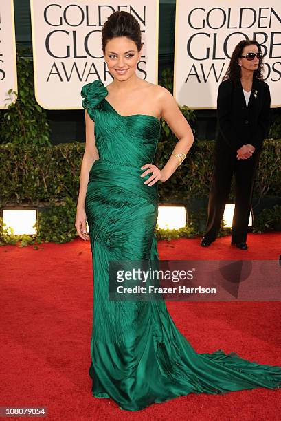 Actress Mila Kunis arrives at the 68th Annual Golden Globe Awards held at The Beverly Hilton hotel on January 16, 2011 in Beverly Hills, California.