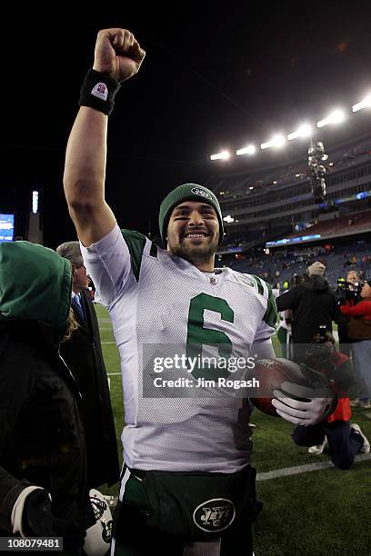 Mark Sanchez of the New York Jets celebrates after they defeated the Patriots 28 to 21 in their 2011 AFC divisional playoff game at Gillette Stadium...