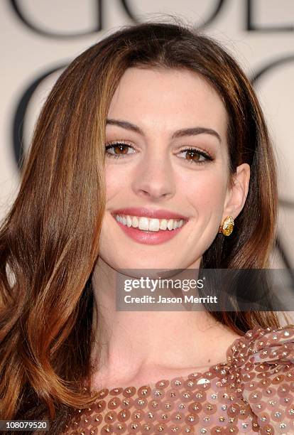 Actress Anne Hathaway arrives at the 68th Annual Golden Globe Awards held at The Beverly Hilton hotel on January 16, 2011 in Beverly Hills,...