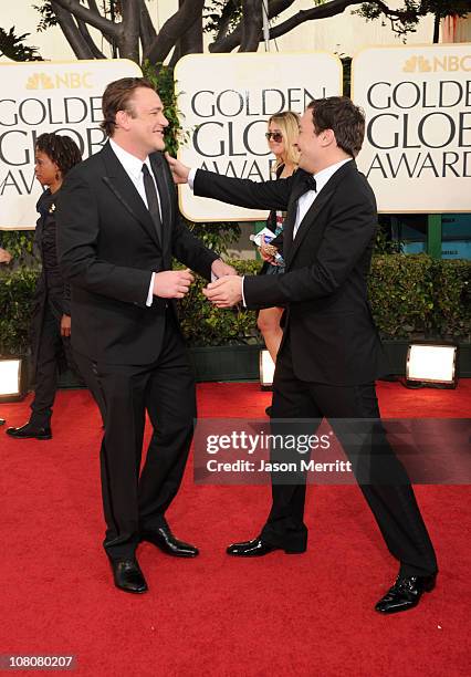 Actors Jason Segel and Jimmy Fallon arrive at the 68th Annual Golden Globe Awards held at The Beverly Hilton hotel on January 16, 2011 in Beverly...