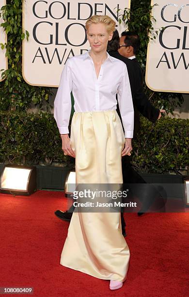 Actress Tilda Swinton arrives at the 68th Annual Golden Globe Awards held at The Beverly Hilton hotel on January 16, 2011 in Beverly Hills,...