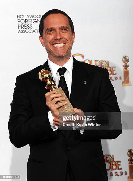 Director Lee Unkrich poses with his award for Best Animated Feature for "Toy Story 3" in the press room at the 68th Annual Golden Globe Awards held...