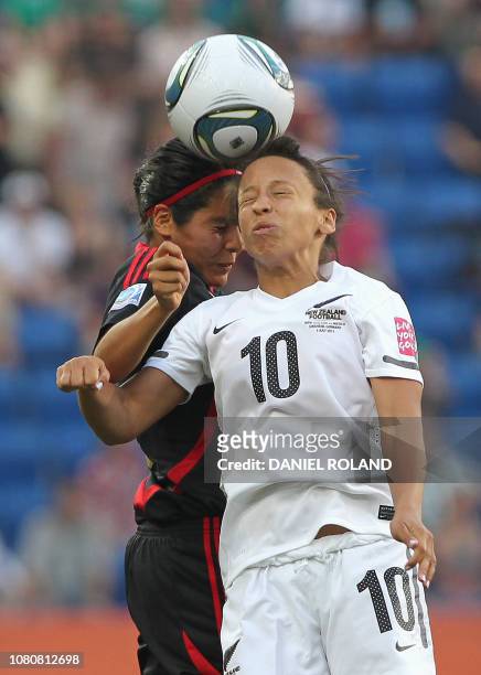 New Zealand's forward Sarah Gregorius and Mexico's defender Kenti Robles vie for the ball during the New Zealand vs Mexico Group B match of the FIFA...