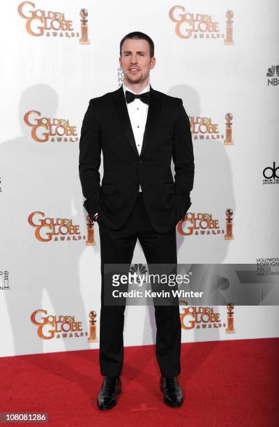 Presenter Chris Evans poses in the press room at the 68th Annual Golden Globe Awards held at The Beverly Hilton hotel on January 16, 2011 in Beverly...