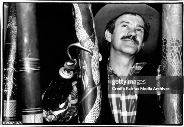 Charlie McMahon, Didge player at rehearsal with midnight oil at Selinas in Coogee.Charlie McMahon playing the Didge on Coogee Beach. September 28,...