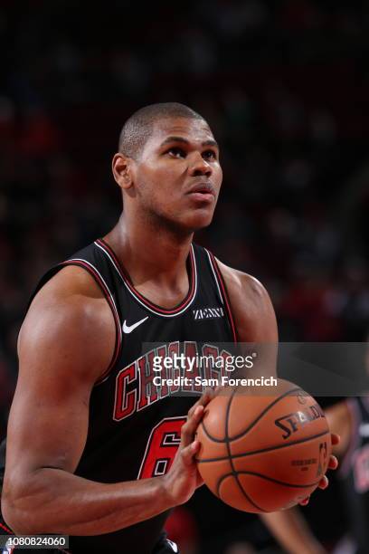 Cristiano Felicio of the Chicago Bulls handles the ball against the Portland Trail Blazers on January 9, 2019 at the Moda Center Arena in Portland,...
