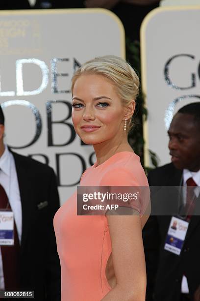 Actress Emma Stone arrives on the red carpet of the 68th annual Golden Globe awards at the Beverly Hilton Hotel in Beverly Hills, California, on...