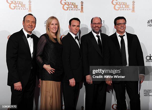 Producers Kevin Spacey, Cean Chaffin, Dana Brunetti, Scott Rudin and Michael De Luca pose with the award for Best Picture for "The Social Network" in...