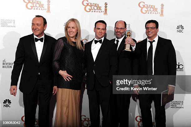 Producers Kevin Spacey, Cean Chaffin, Dana Brunetti, Scott Rudin and Michael De Luca pose with the award for Best Picture for "The Social Network" in...