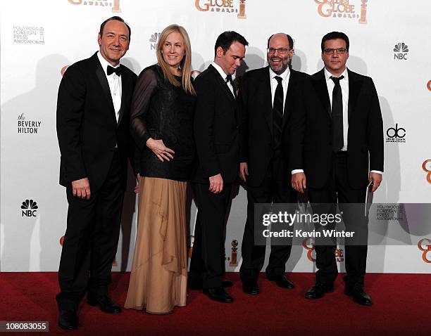 Producers Kevin Spacey, Cean Chaffin, Dana Brunetti, Scott Rudin and Michael De Luca pose with the award for Best Picture for "The Social Network" in...