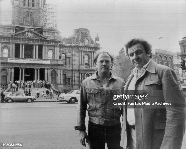 Bob Pringle and Jack Mundey, former leaders of the Builders Laborers Federation, at the Town Hall today for the A.C.T.U. Congress. September 9, 1981....