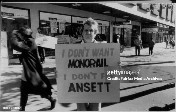 Anti Monorail demo at the corner of Oxford St and Riley Sts Darlinghurst. Near the Riley St office of Ansett.Jack Mundey Alderman on the city council...