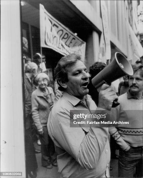 Anti Uranium demo at the Menzies Hotel... Bob Hawke arriving Union man Jack Mundey. December 2, 1983. .