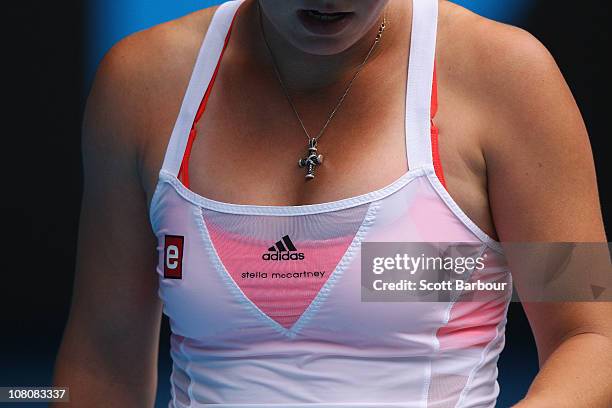 Detailed view of Caroline Wozniacki of Denmark's dress by British designer Stella McCartney in her first round match against Gisela Dulko of...