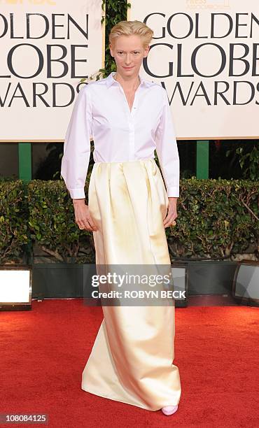 Actress Tilda Swinton arrives on the red carpet for the 68th annual Golden Globe awards at the Beverly Hilton Hotel in Beverly Hills, California...