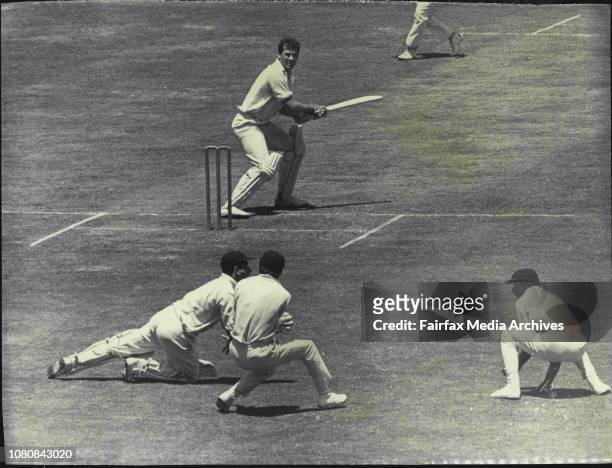 Kulkarni again. This time Hawke caught behind by Engineer for 1.Wicketkeeper Farokh Engineer dives in front of the Newab of Patuadi to dismiss Neil...
