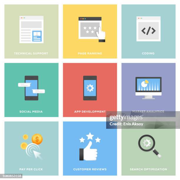 seo and development icon set - phone flat stock illustrations