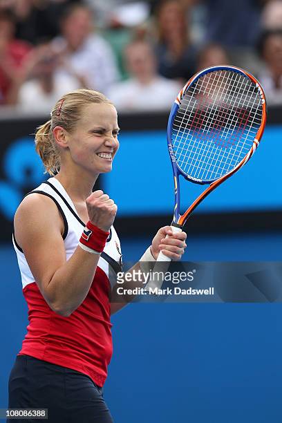 Jelena Dokic of Australia celebrates victory in her first round match against Zuzana Ondraskova of Czech Republic during day one of the 2011...