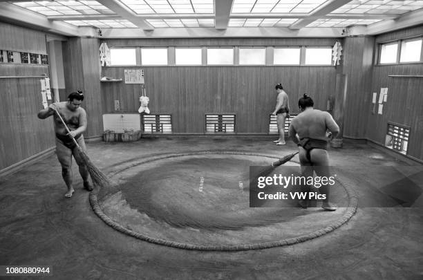 Hard morning training at Sumo stable, Ryogoku, Tokyo.