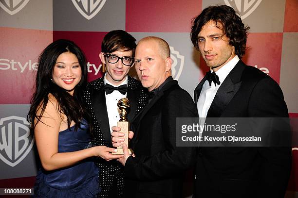 Actors Jenna Ushkowitz, Kevin McHale, producers Ryan Murphy and Brad Falchuk arrive at the 2011 InStyle And Warner Bros. 68th Annual Golden Globe...