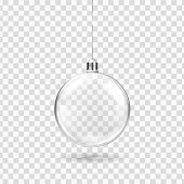 Glass transparent Christmas ball hanging on the ribbon. Realistic Xmas glass bauble on transparent background. Holiday decoration template. Vector illustration