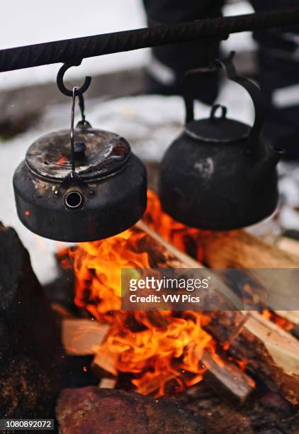 Preparing coffee and tea on the fire at Lake Inari, Lapland, Finland.