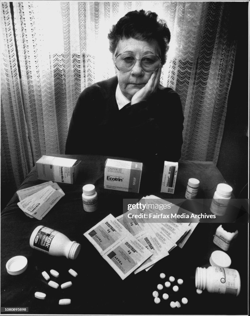 Joan Bloomfield, 62, with the medication she must take to control her heart, blood pressure, cholesterol and arthritis. Pensioners would no longer receive free drugs under the Pharmaceutical benefits scheme, she was worried.Ms. Bloomfield (pictured)