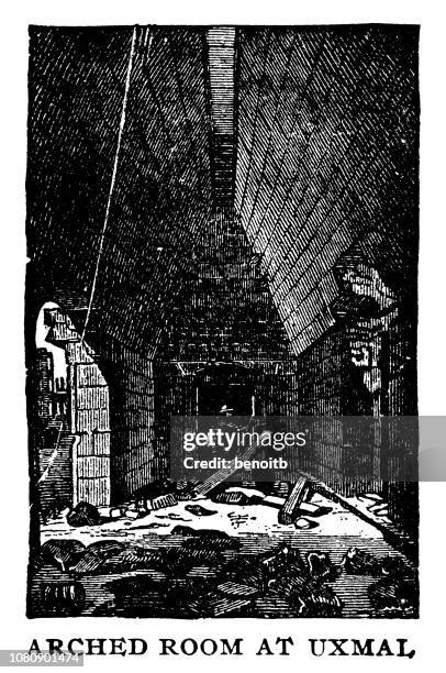 arched room at uxmal - mayan ruins stock illustrations