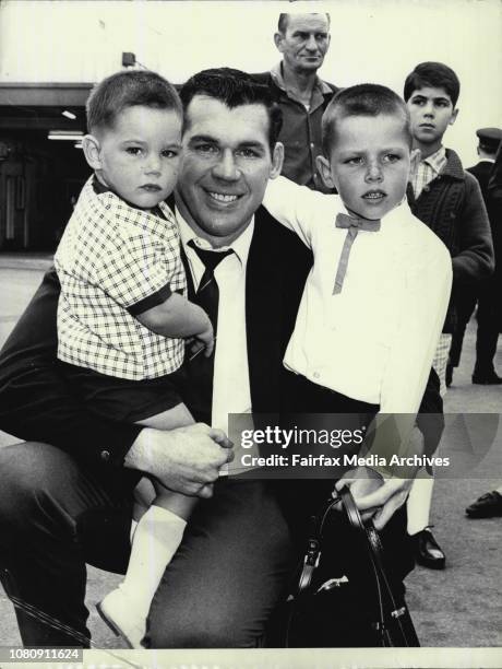 Arrival Of The Kangaroos -- Elton Rasmussen with his sons Brett, 2Â½, and Elton John,5. January 11, 1968. .