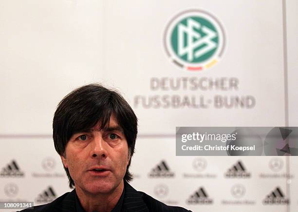 National coach Joachim Loew of Germany attends the press conference of the German Football Association at Kempinski-Hotel Gravenbruch on January 17,...