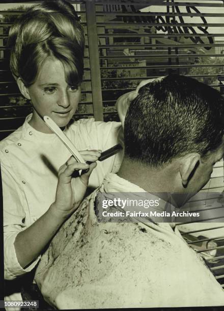 Salesman Alec Thomas, of Hurstville, didn't mind the female touch from Kogarah's mini-skirted barber, 16-year-old Verna Simpson.Right: Verna puts the...