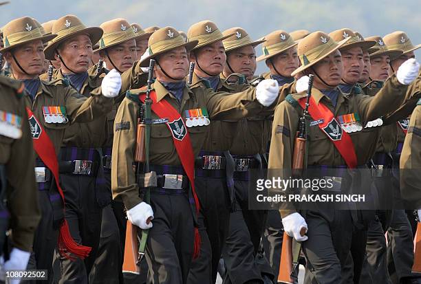 Indian Army's 3 Gorkha Rifles Infantry regiment march past during the Army Day parade in New Delhi on January 15, 2011. The Indian army celebrated...