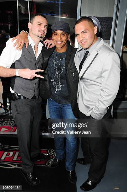 Guest, Jon Secada and Ricky C arrive at Rapper Pitbull 3oth birthday celebration at Club Play on January 15, 2011 in Miami Beach, Florida.