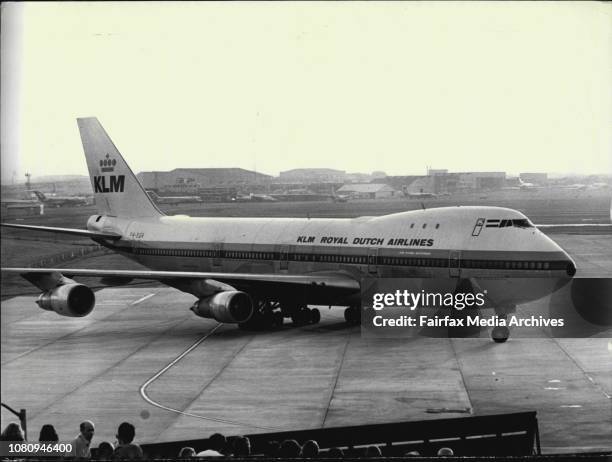 Royal Dutch Airlines in the latest International Airline to fly into Sydney with the newest Boeing 747B Jumbo Jet. February 28, 1973. .