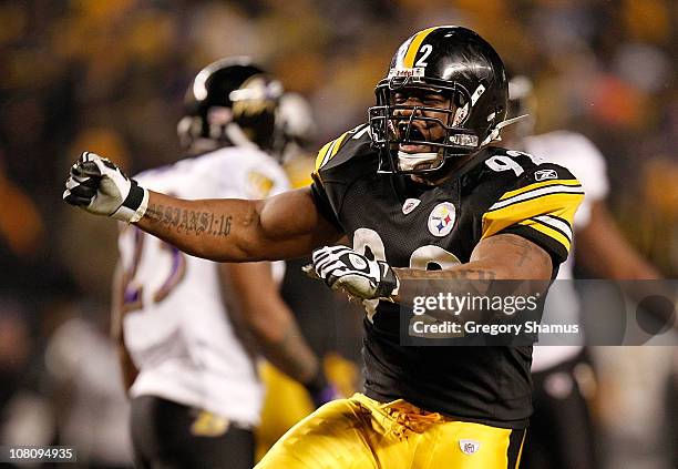 Linebacker James Harrison of the Pittsburgh Steelers celebrates after a play against the Baltimore Ravens during the AFC Divisional Playoff Game at...