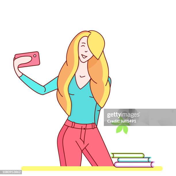 cute and funny red-haired girl takes a selfie on her phone. vector illustration. flat design - children taking selfie stock illustrations