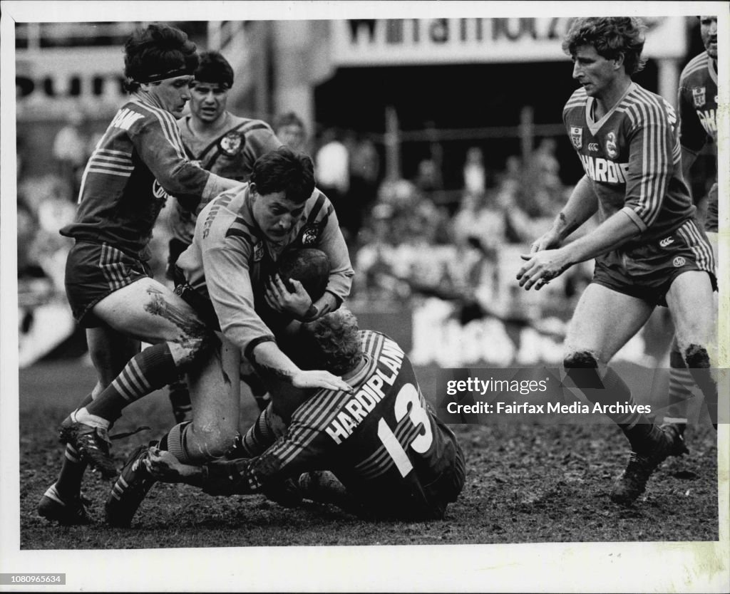 Rugby League at SCG... Balmain V Parramatta.Big Steve Roach tries to cushion his fall as Parramatta player Stan Jurd goes underneath and Mark Laurie comes in over the top at the SCG yesterday.