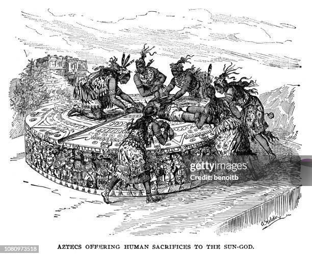 aztecs offering huiman sacrifices to the sun god - aztec civilization stock illustrations